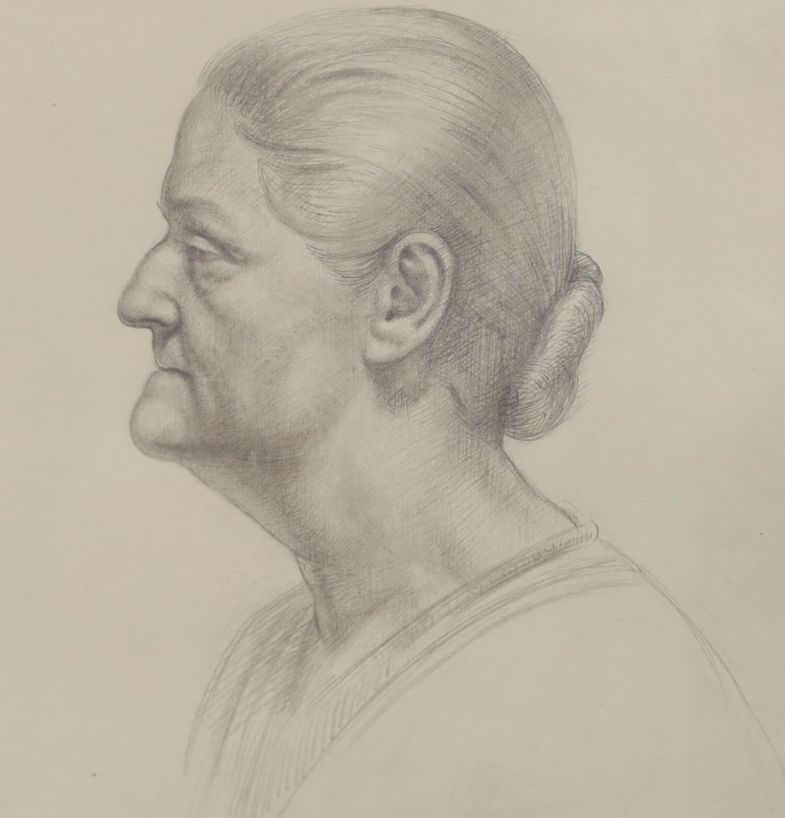 Attributed to Frances Dodd (1874-1949), pencil drawing, Portrait of an old woman, inscribed Vicagi, 26 x 25cm, and Christopher Saxton/William Kip, hand-coloured engraving, Map of Mongomery (sic), 28 x 33 cm